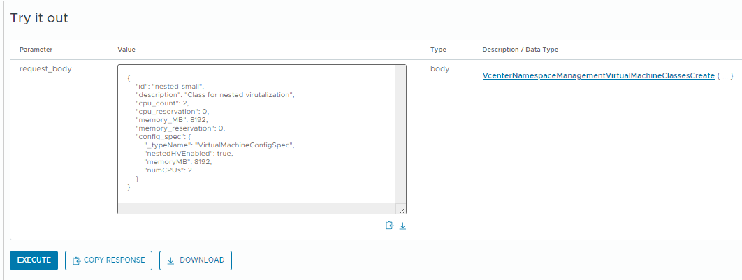 Creating the nested virtualization VM class using the API