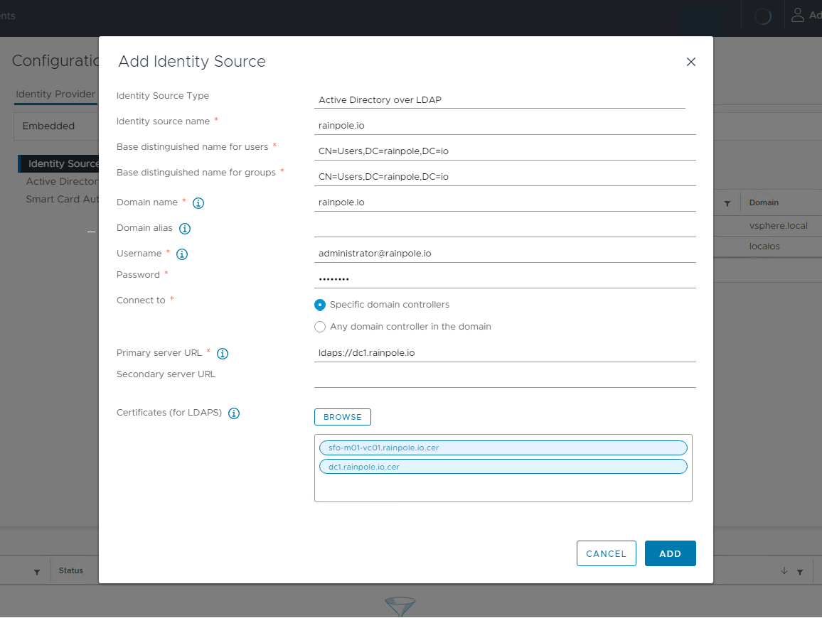 Can upload the vCenter MACHINE_SSL certificate and dc1.rainpole.io certificate
